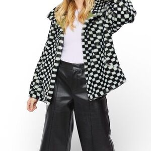 Jayley Women’s S/M Checkered Faux Fur Jacket Black Mint Coat Statement Teddy